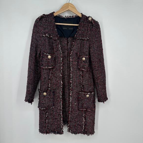 ZARA Long Tweed Jacket Open Front Fringe Trim Military Style Coat Blogger Fav - Picture 3 of 11
